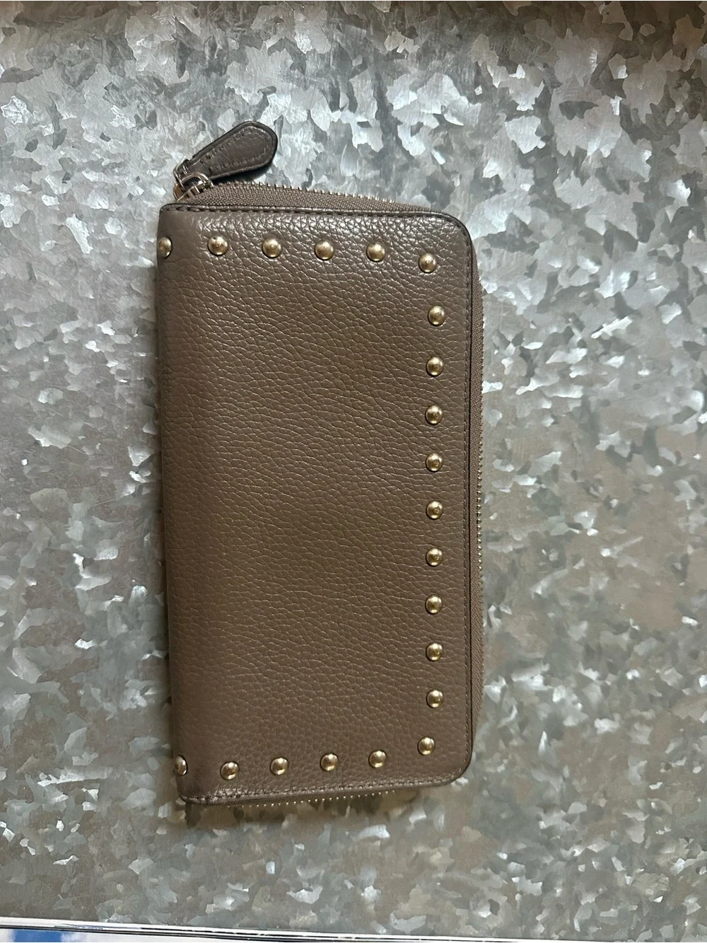 Coach Metallic Taupe Studded Zip Wallet